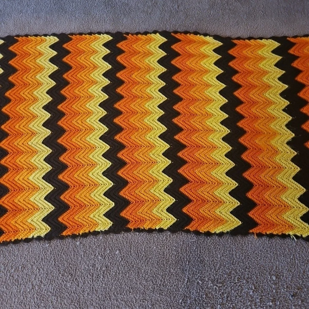 Vintage Handmade‎ Chevron Crochet Blanket Orange Yellow Brown 75